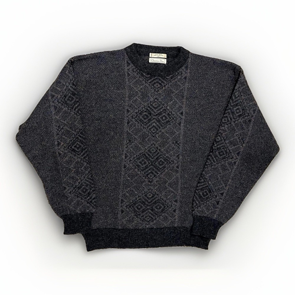 Vintage Christian Dior Sweater Mens XL Gray Wool Geometric Knit Hong Kong 90s